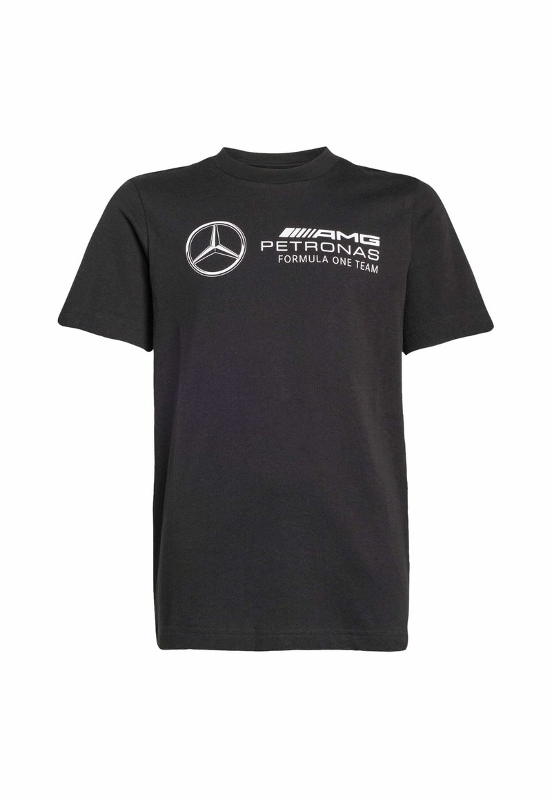 Černé bavlněné tričko s krátkými rukávy, s bílým logem Mercedes-Benz a textem "AMG PETRONAS FORMULA ONE TEAM" na přední straně.