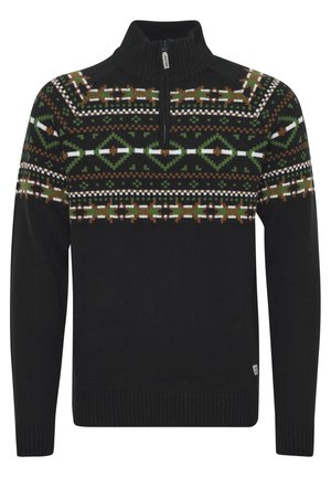 Black sweater with a zippered mock neck, featuring a patterned design in green, brown, and white across the chest and sleeves.