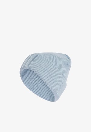 Gorro de lana de color azul claro con un diseño cónico, que presenta un acanalado texturizado y tres franjas de acento en un lado.