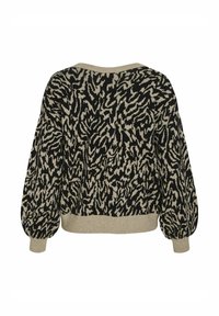 Sweter w czarno-beżowy wzór zwierzęcy, wykonany z dzianiny, z szerokimi bufkami, prążkowanym dołem i dekoltem. Miękka tekstura i luźny krój.