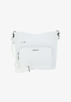Sac bandoulière en cuir blanc avec une finition texturée, doté d'une poche zippée à l'avant, d'une sangle réglable et d'accents en métal argenté.