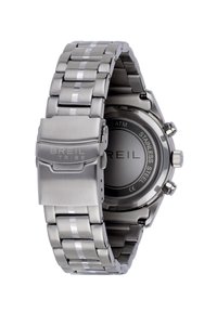 Montre-bracelet en acier inoxydable avec un bracelet à maillons, présentant des accents argentés, un boîtier rond et un dos affichant 'BREIL STAINLESS STEEL'.