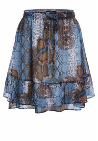 Jupe courte à couches avec imprimé serpent bleu, marron et noir, dotée d'une taille élastique et d'un cordon de serrage réglable.
