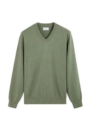 Jersey verde de manga larga con cuello en V y puños y bajo acanalados, mostrado sobre un fondo blanco.
