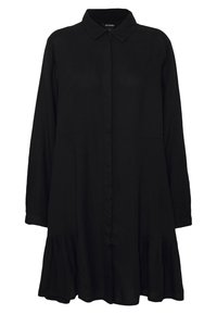 Abito camicia nero a maniche lunghe con bottoni frontali, colletto classico e orlo svasato. Realizzato in tessuto morbido e leggero.