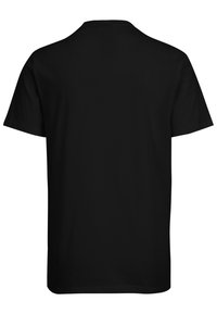 Black short-sleeve t-shirt made of cotton fabric. Features a crew neck and a smooth texture. Minimalist design with no visible logos or patterns.