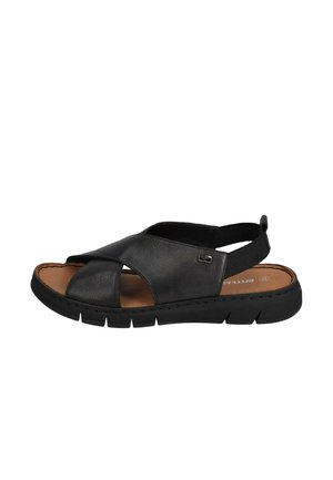 Sandalo da uomo in pelle nera con punta aperta, cinturini a croce, cinturino posteriore elastico e sottopiede marrone imbottito su suola in gomma nera.