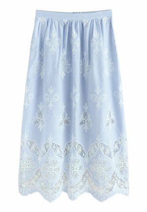 Light blue and white striped skirt with white floral lace embroidery and scalloped hem, featuring an elastic waistband.