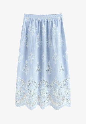 Light blue and white striped skirt with white floral lace embroidery and scalloped hem, featuring an elastic waistband.