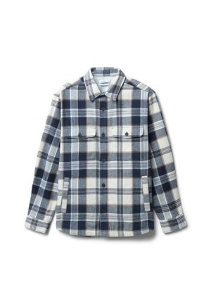 Camicia a maniche lunghe con motivo a quadri blu, beige e bianco, due tasche sul petto con bottoni e tasche laterali.