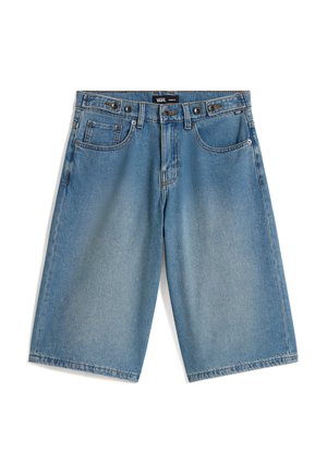Blauwe denim knielange korte broek met voorzakken, lussen voor een riem, knoopsluiting en Vans-logo op de tailleband en zijkantzak.