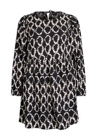 Vestido negro con mangas largas, cuello redondo y cierre en la parte posterior. Presenta un patrón ovalado abstracto en blanco y un diseño de falda en capas. Tejido suave.