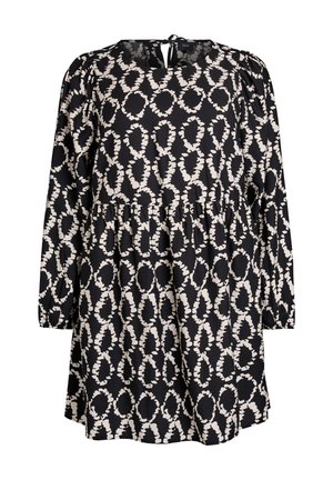 Robe noire à manches longues, col rond et fermeture au dos. Présente un motif ovale abstrait blanc et un design de jupe à volants. Tissu doux.
