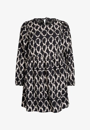 Robe noire à manches longues, col rond et fermeture au dos. Présente un motif ovale abstrait blanc et un design de jupe à volants. Tissu doux.