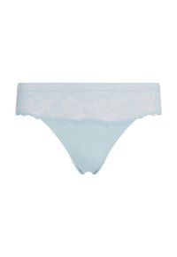 Helleblaue Tangas aus weichem Material mit einem taillierten Blumen-Spitzenbund. Sie verfügen über ein nahtloses Design und subtile, gewellte Kanten.