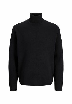 Maglione nero lavorato a maglia con colletto alto e maniche lunghe, caratterizzato da una trama uniforme e una vestibilità comoda. Nessun motivo visibile o dettagli in metallo.