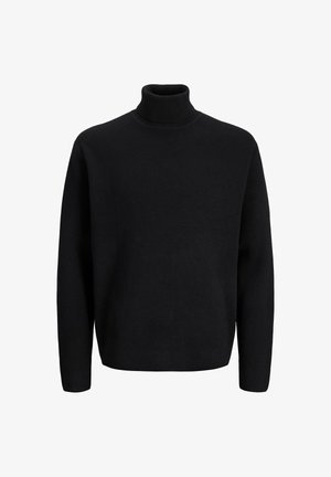 Maglione nero lavorato a maglia con colletto alto e maniche lunghe, caratterizzato da una trama uniforme e una vestibilità comoda. Nessun motivo visibile o dettagli in metallo.