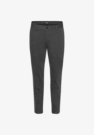 Szürke, karcsúsított szabású stretch nadrág, gombos záródással, egyenes szárú kialakítással és sima textúrával. Alkalmas hétköznapi viseletre.