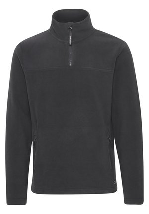 Men's black fleece pullover with a stand-up collar, half-zip front, and two side zip pockets. Soft texture, simple design, and straight hem.