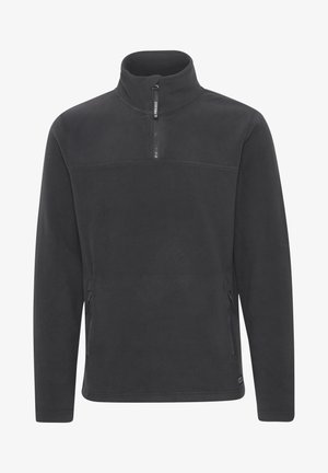 Men's black fleece pullover with a stand-up collar, half-zip front, and two side zip pockets. Soft texture, simple design, and straight hem.