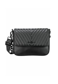 Bolso bandolera negro con patrón de chevrón acolchado, textura de cuero suave y correa ajustable con acentos metálicos.