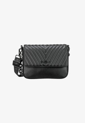Borsa a tracolla nera con motivo a zig zag trapuntato, texture in pelle liscia e tracolla regolabile con dettagli in metallo.