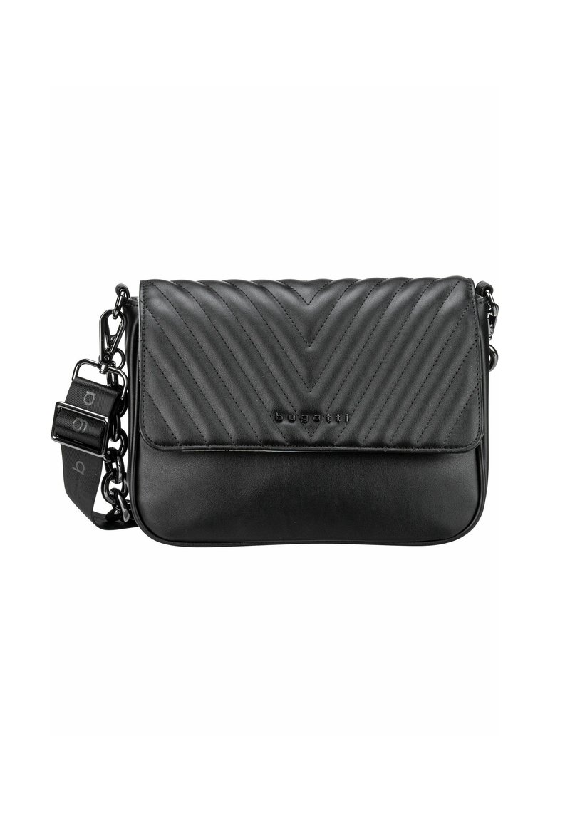 Bolso bandolera negro con patrón de chevrón acolchado, textura de cuero suave y correa ajustable con acentos metálicos.