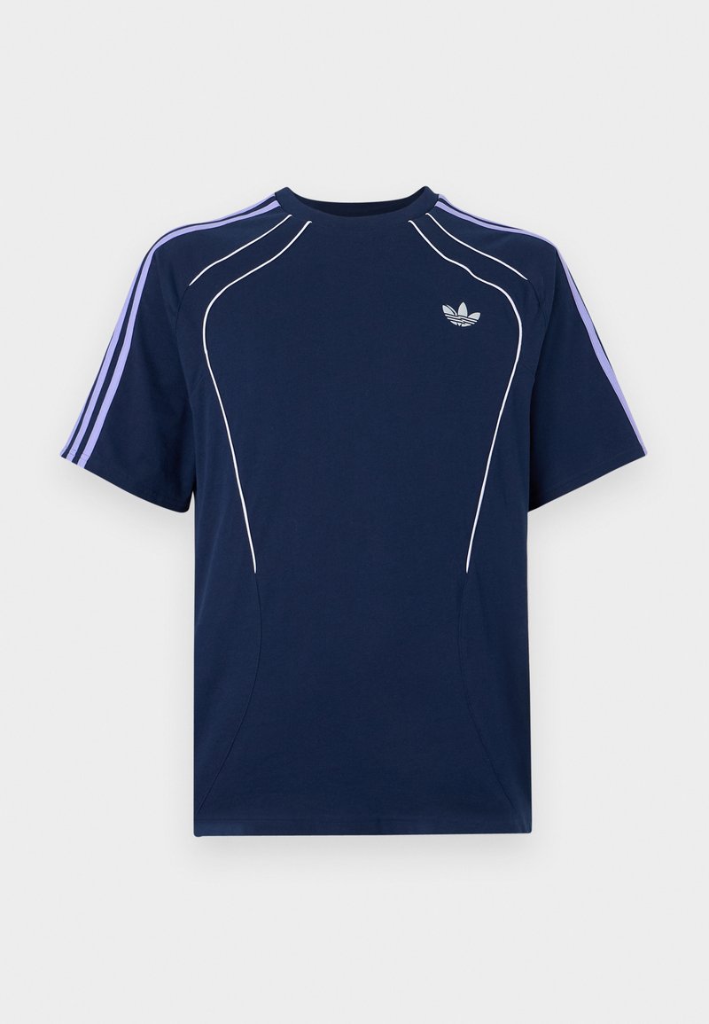 Navy blue short-sleeve t-shirt with light purple stripes on sleeves, white curved piping on front, and small white Adidas logo on left chest.