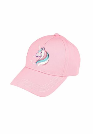 Casquette de baseball rose avec une tête de licorne brodée aux couleurs pastel et trois petites étoiles scintillantes sur le panneau avant.