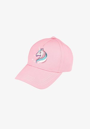 Rosa Baseballkappe mit gesticktem Einhornkopf in Pastellfarben und drei kleinen funkelnden Sternen auf dem vorderen Panel.