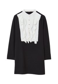Schwarzes Kleid mit einer weißen Rüscheneinfassung vorne und Knopfverschluss, langen Ärmeln und rundem Kragen. Weicher Stoff mit glatter Textur.