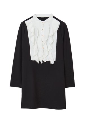 Schwarzes Kleid mit einer weißen Rüscheneinfassung vorne und Knopfverschluss, langen Ärmeln und rundem Kragen. Weicher Stoff mit glatter Textur.