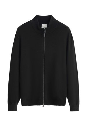 Cardigan noir en maille avec fermeture éclair intégrale, col, poignets et ourlet côtelés, présenté à plat sur fond blanc.