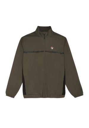 Olive green athletic jacket with a high collar, full zipper, black side panels, and a horizontal black stripe across the chest. Fila logo displayed.