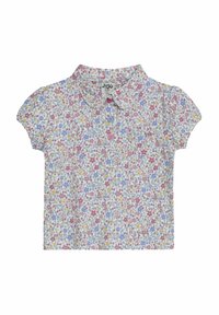 Kurzarm-Bluse mit floralem Muster auf weißem Grund, versehen mit verschiedenen bunten Blumen, Kragen und durchgehender Knopfleiste.