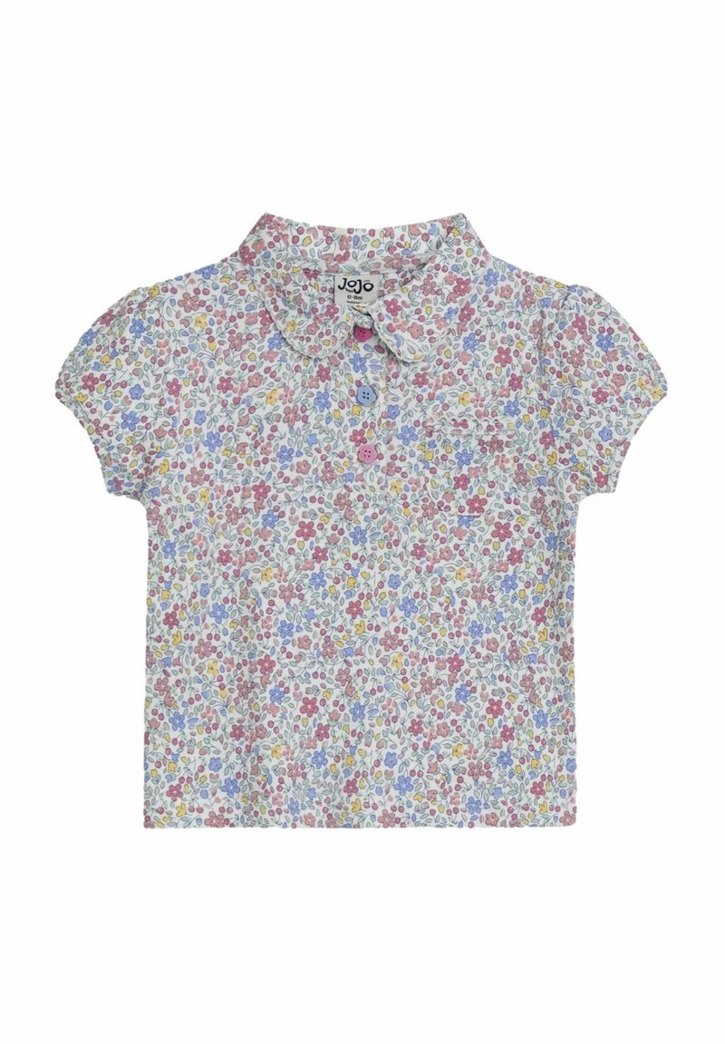 Kurzarm-Bluse mit floralem Muster auf weißem Grund, versehen mit verschiedenen bunten Blumen, Kragen und durchgehender Knopfleiste.