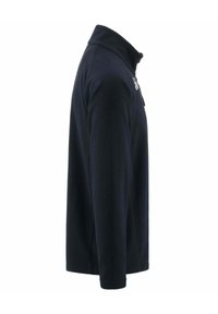 Pullover in pile blu navy con colletto alto, maniche lunghe e un sottile logo sul davanti. Texture morbida e vestibilità rilassata.