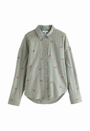 Chemise rayée verte avec bouton sur le devant, ornée de petites broderies d'animaux rouges, col pointu et ourlet arrondi au bas.