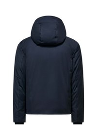 Giacca imbottita blu navy con cappuccio, maniche lunghe e retro liscio, adatta per il freddo.