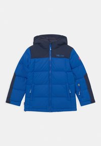 Blue padded jacket with a navy upper panel, full zip, hood, and two side pockets. Features elastic cuffs and logo detailing on the chest.