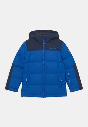 Blue padded jacket with a navy upper panel, full zip, hood, and two side pockets. Features elastic cuffs and logo detailing on the chest.