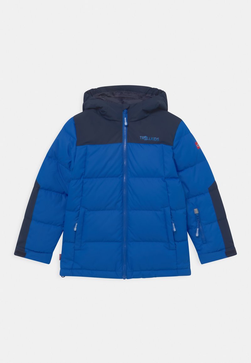 Blue padded jacket with a navy upper panel, full zip, hood, and two side pockets. Features elastic cuffs and logo detailing on the chest.