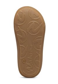 Suola di scarpa in gomma marrone chiaro con motivi circolari in rilievo, un marchio di dimensione 20 e la parola "Naturino" incisa in corsivo.