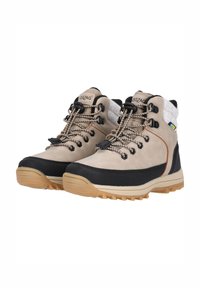 Scarponi da trekking beige e neri con camoscio testurizzato e suole in gomma, caratterizzati da design con lacci e colletto imbottito, adatti per l'uso all'aperto.