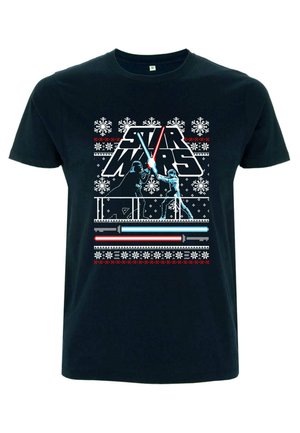 Schwarzes Baumwoll-T-Shirt mit einem grafischen Druck, der den Text "STAR WARS", Schneeflocken und Charaktere mit Lichtschwertern in Blau und Rot zeigt.