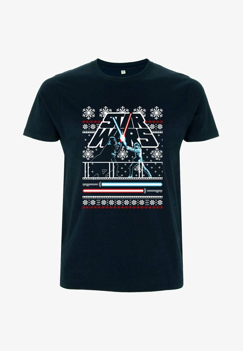 Svart bomullströja med grafiskt tryck som har texten "STAR WARS", snöflingor och figurer som håller i ljussablar i blått och rött.