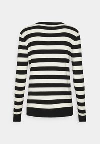 Pull rayé noir et blanc, col rond, manches longues, ourlet et poignets côtelés, texture douce. La vue de dos montre un motif de rayures uniforme.