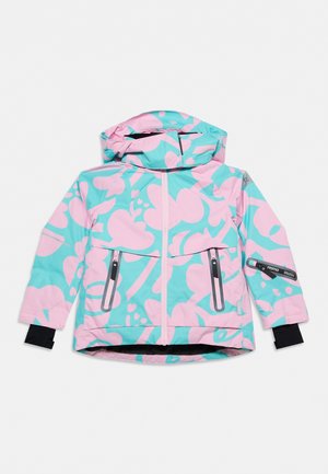 Veste de pluie pour enfant à motifs roses et turquoise, avec capuche, fermeture éclair sur le devant, deux poches verticales zippées et poignets noirs.