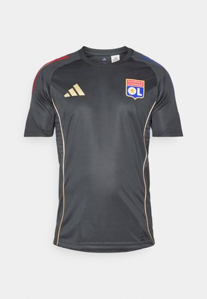 Schwarzes Sporttrikot mit kurzen Ärmeln, verziert mit goldenen Akzenten und einem Teamlogo. Hergestellt aus glattem, feuchtigkeitsableitendem Material.
