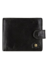 Portefeuille en cuir noir avec une fermeture à bouton, détail du logo en relief, texture lisse et coutures contrastées le long des bords.